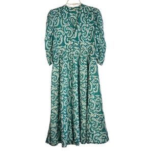 Matta Vayu Midi Dress Turquoise White Floral Print Sm Cotton Resort Boho Pockets